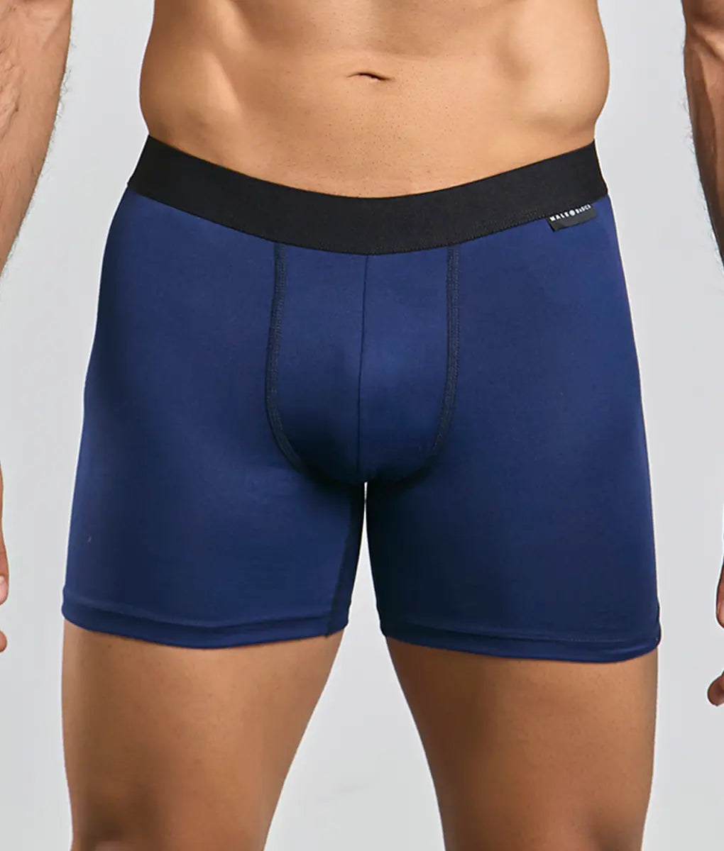 Navy blue Malebasics classic tripack boxer briefs with black elastic waistband designed for comfortable everyday wear