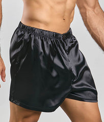 Black satin boxer shorts malebasics with elastic waistband and subtle button closure for comfortable wear