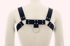 Black leather bulldog harness with silver metal studs and central ring by metromalewear model mh1