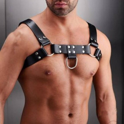 Black leather MetroMaleWear Bulldog harness MH1 with silver metal hardware and central d-ring for secure fit