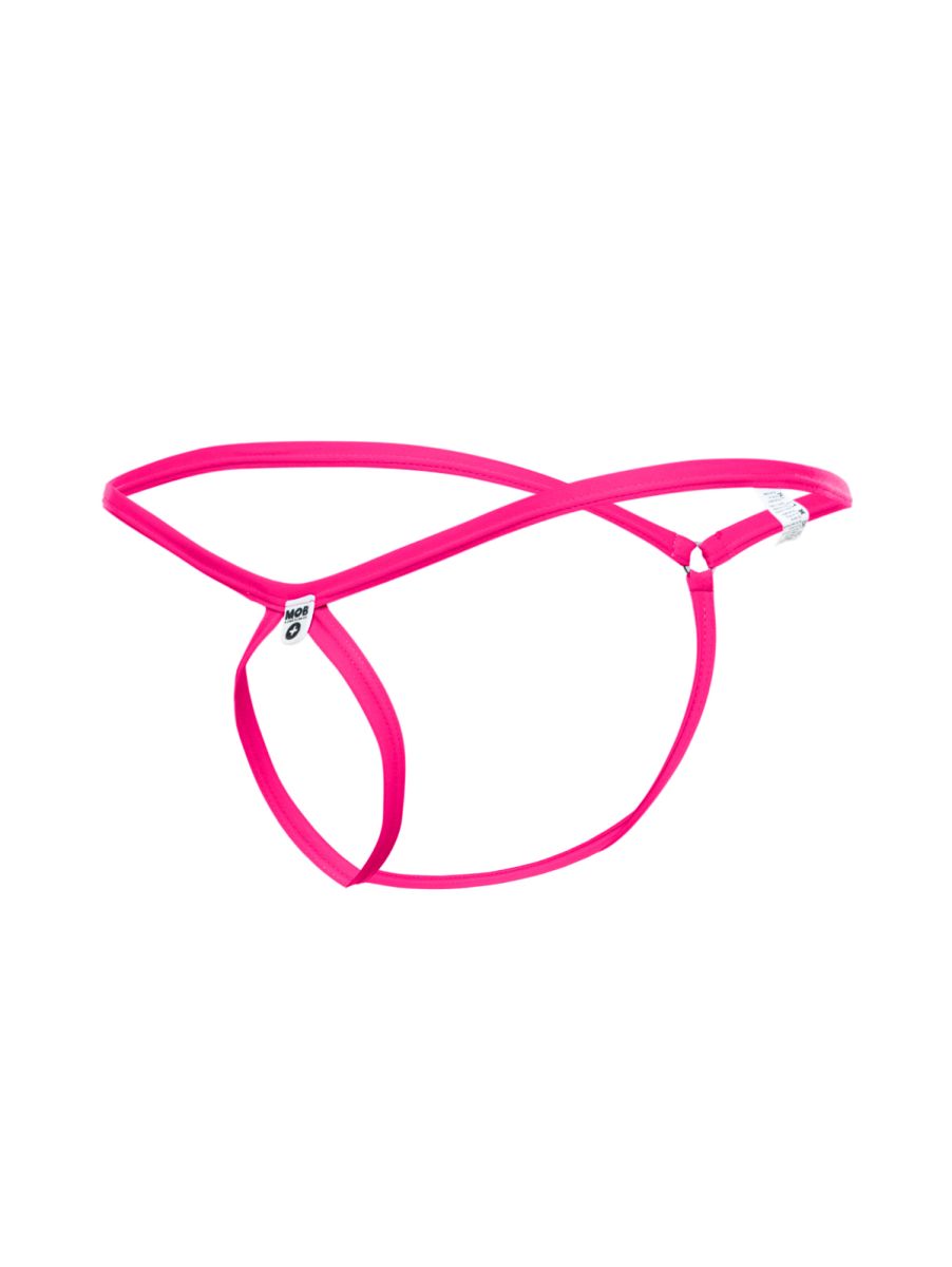 MaleBasics MBL24 tear drop thong in bright pink with thin straps white plastic buckle and brand tag visible