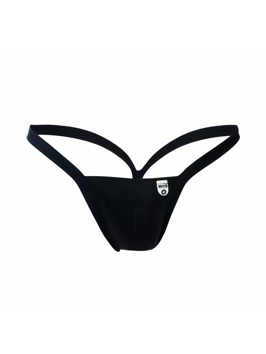 Black malebasics mbl52 y buns thong with sleek minimalist design and thin straps shown from the back side