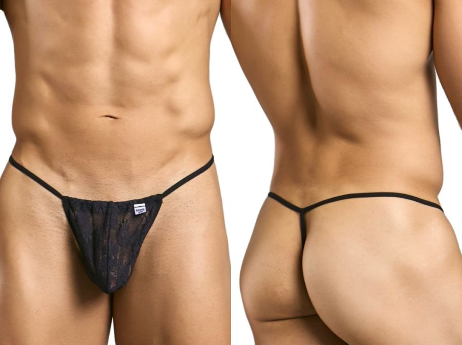 Black lace thong malebasics mbl59 lace g-string with thin waistband and small brand tag shown from back side
