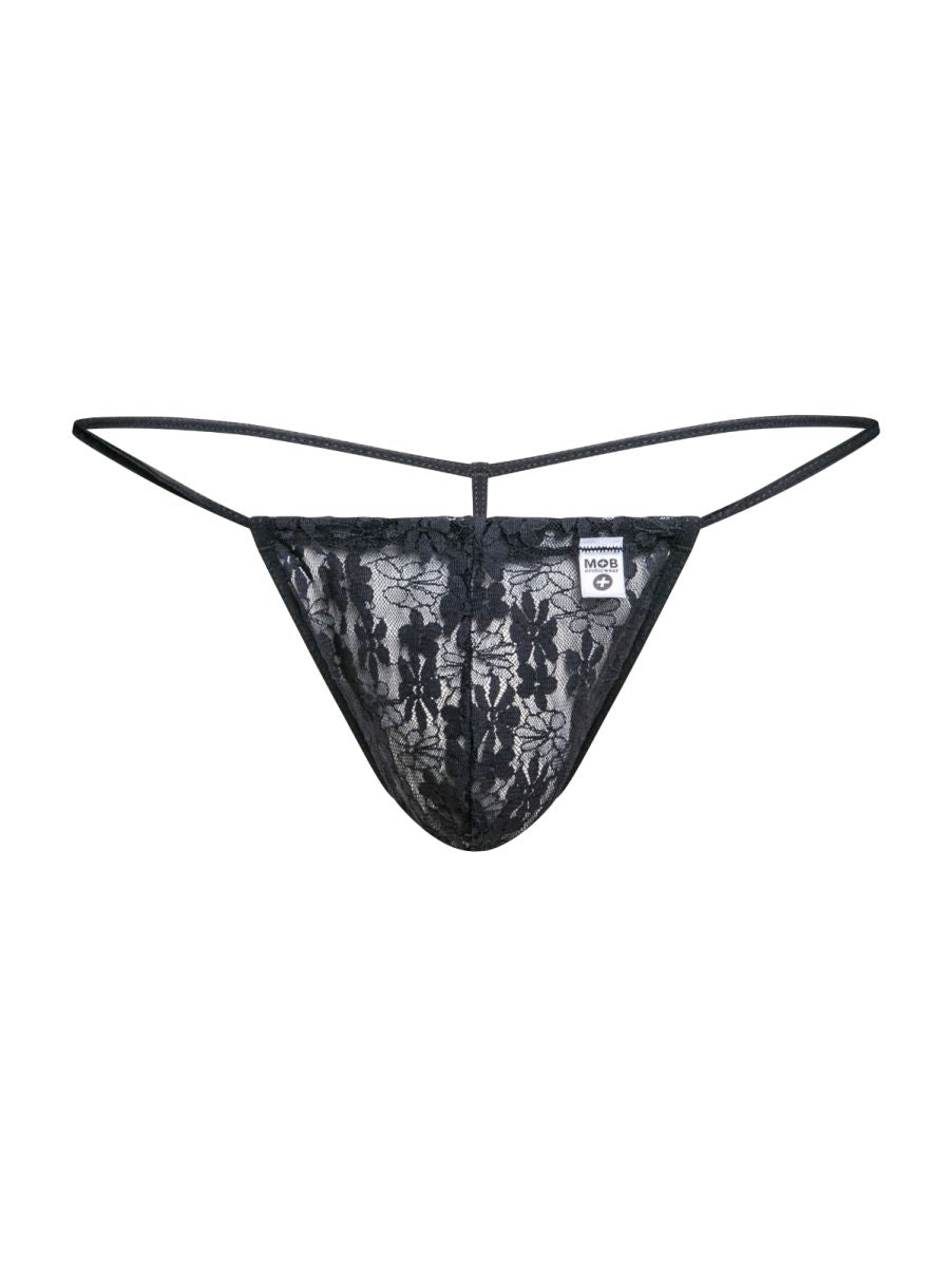 Malebasics mbl59 black lace thong with floral pattern and thin elastic straps designed for men
