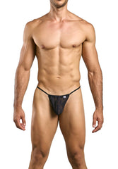 Malebasics mbl59 black lace g-string thong with a small white logo on the front for men