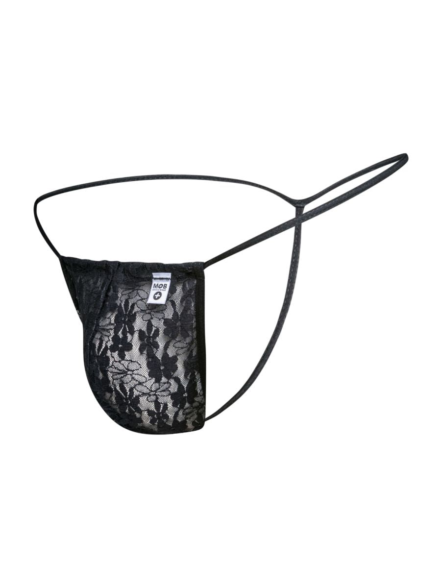 MaleBasics MBL59 black lace g-string thong with delicate floral pattern and thin elastic straps