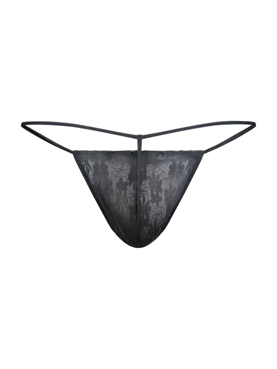 Black lace thong malebasics mbl59 with delicate floral pattern and thin adjustable straps in black lace