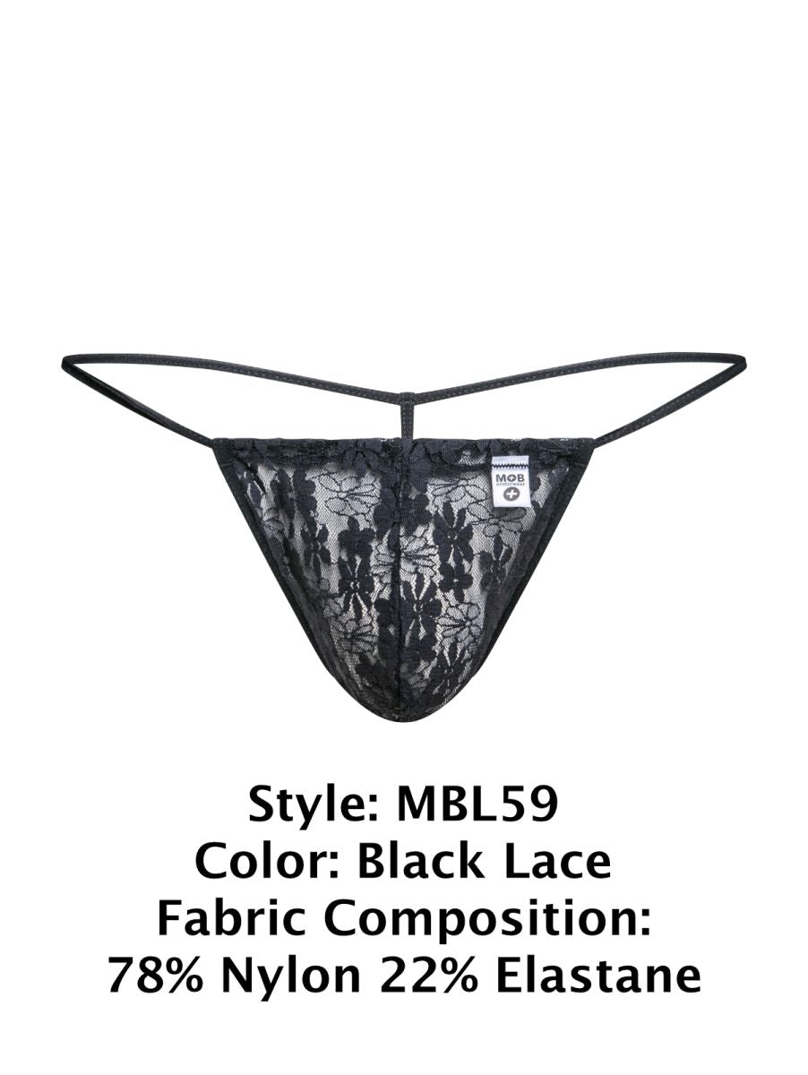 Black lace malebasics mbl59 lace g-string with delicate floral patterns and thin elastic straps front view