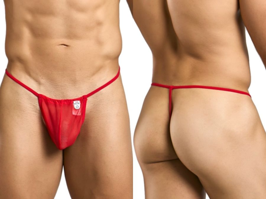 Malebasics mbl59 red mesh g-string thong with sheer fabric and small white label on front