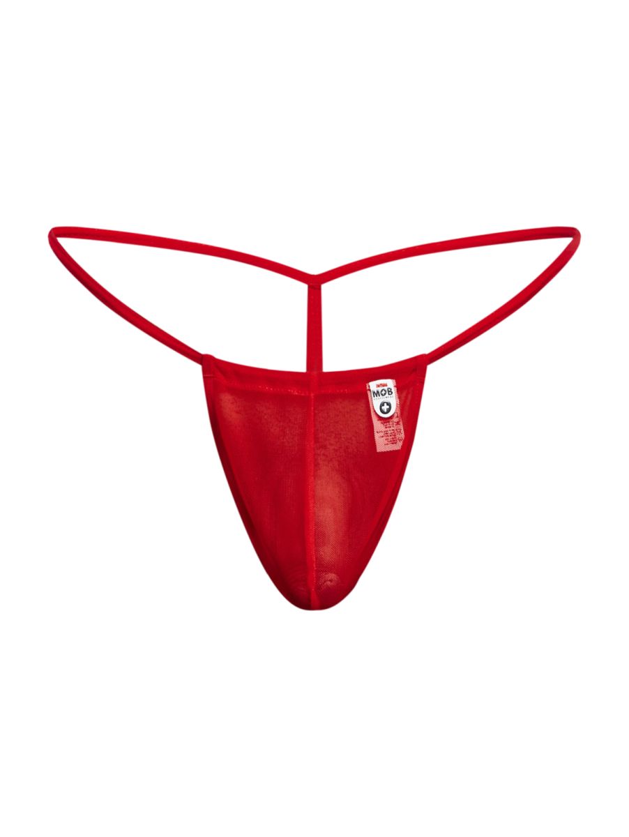 Malebasics mbl59 red mesh male g-string thong with thin curved waistband and central strap shown from the back