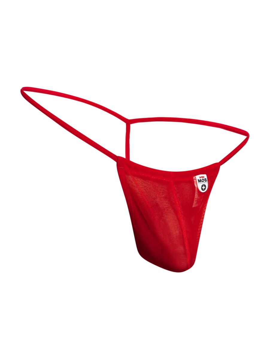 Malebasics mbl59 red mesh g-string thong with thin supportive waistband and leg straps shown from the back side