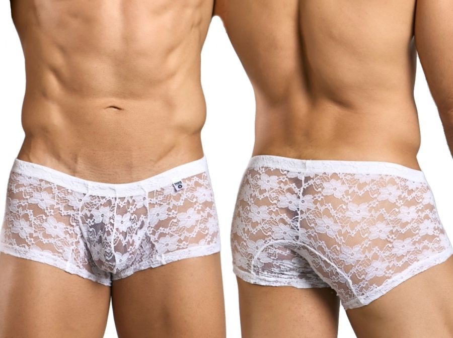 Malebasics mbl78 white lace men’s trunks with floral pattern and elastic waistband in front view