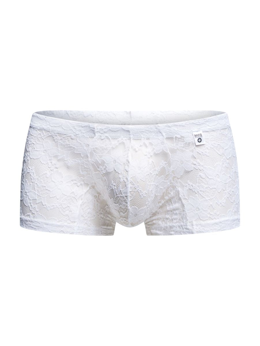 White lace men’s briefs with delicate floral pattern and small brand tag on waistband from malebasics mbl78 lace trunks