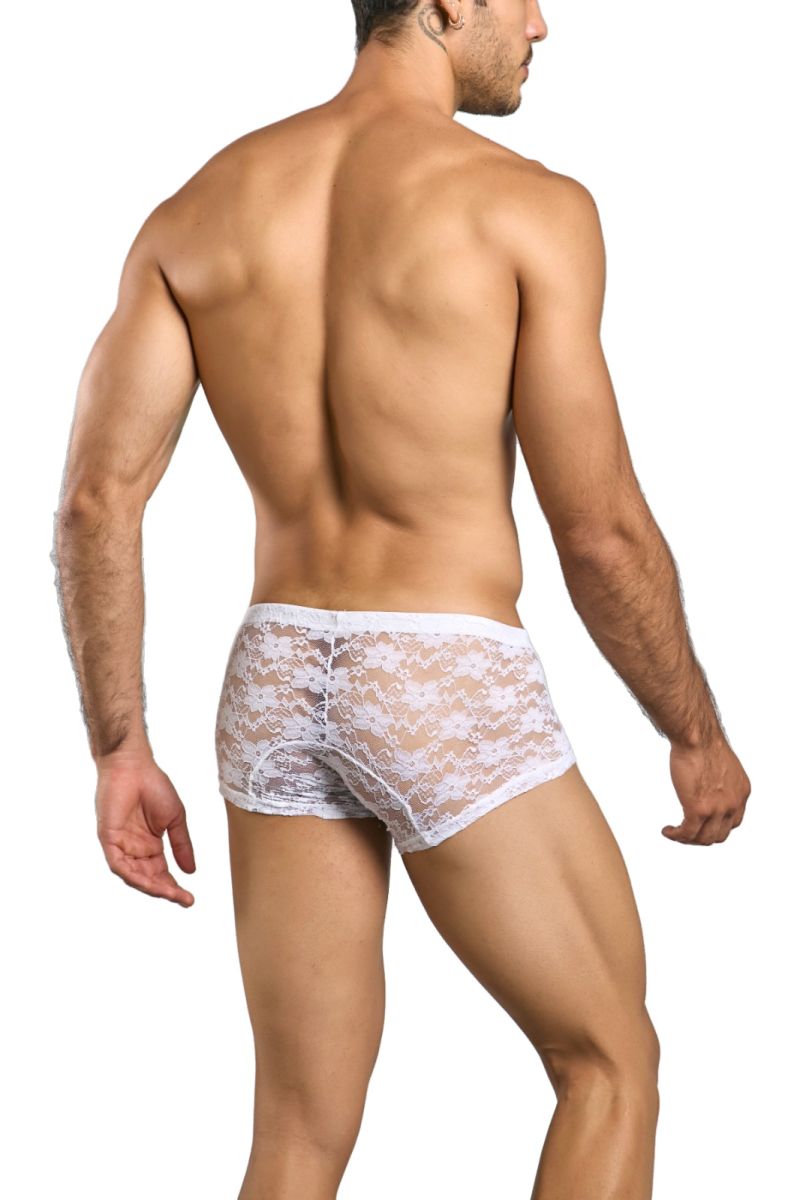 MaleBasics MBL78 white lace trunks with delicate floral pattern and solid white waistband in lace brief style