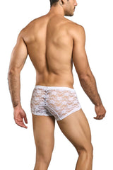 MaleBasics MBL78 white lace trunks with delicate floral pattern and solid white waistband in lace brief style