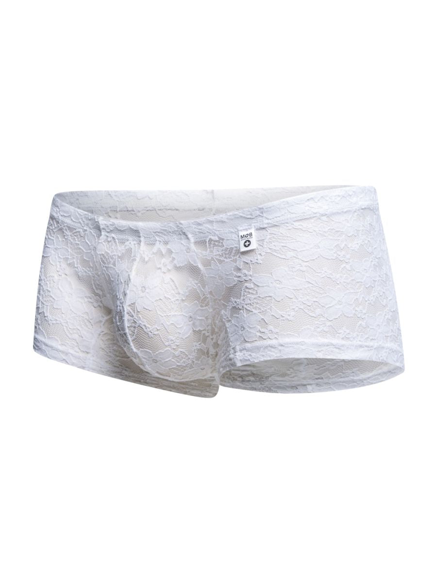 MaleBasics MBL78 lace trunks in white lace with a delicate floral pattern and soft sheer fabric for men