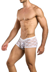 Malebasics mbl78 white lace trunks boxer briefs featuring a delicate intricate lace pattern for men