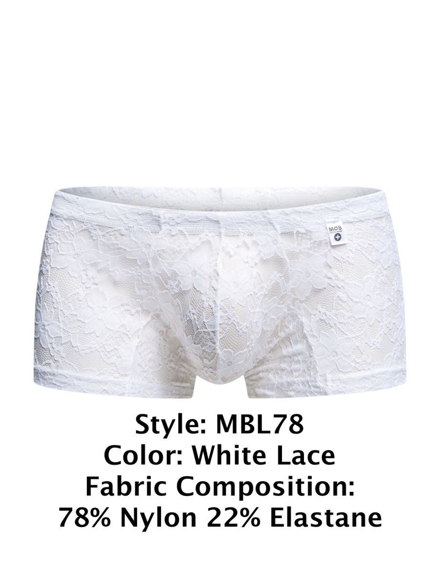 Malebasics mbl78 lace trunks white lace men’s briefs in delicate floral pattern made from 78% nylon 22% elastane
