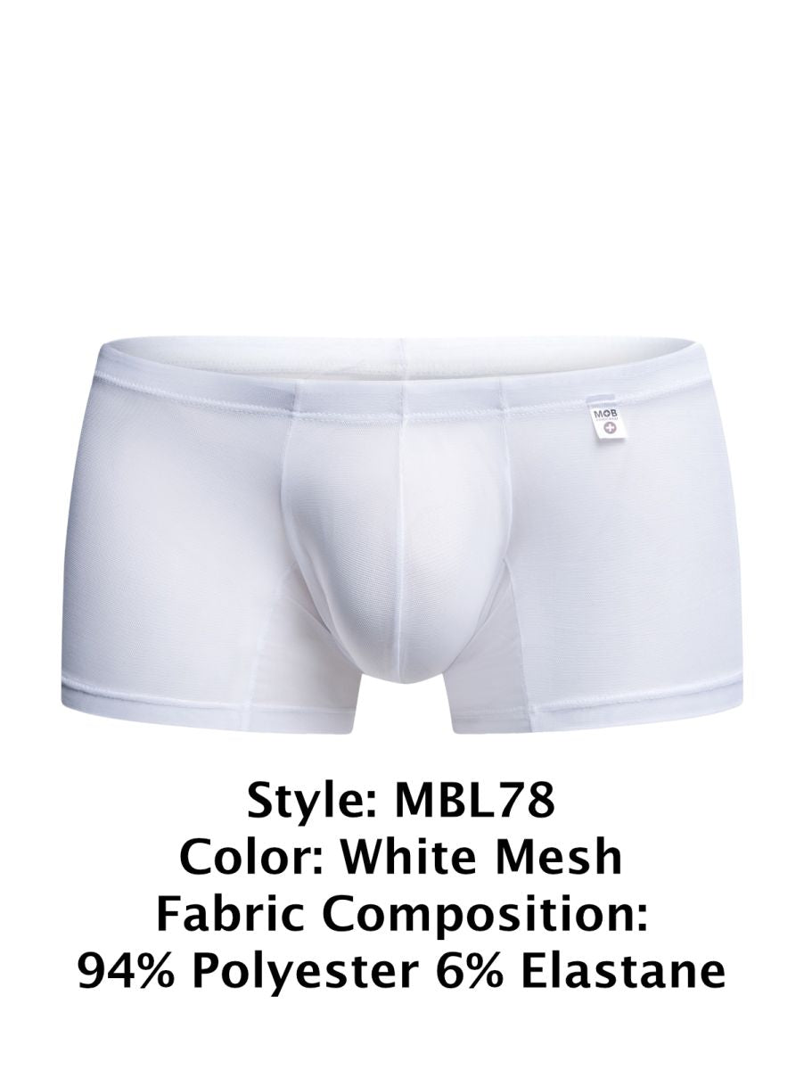 MaleBasics MBL78 lace trunks in white mesh with a sleek form-fitting design and subtle elastic waistband