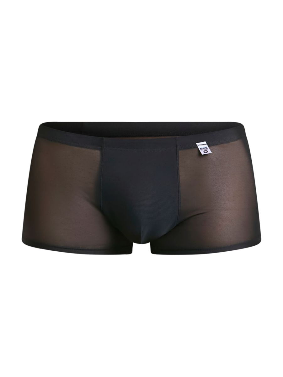 Black sheer mesh briefs with solid black waistband and white brand tag from malebasics mbl84 classic pouch trunks