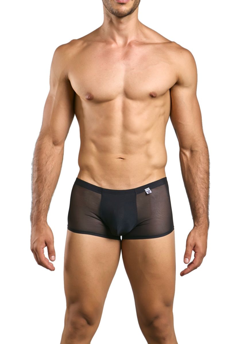 Malebasics mbl84 classic pouch trunks black sheer mesh briefs with solid waistband and small white logo on front