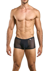 Malebasics mbl84 classic pouch trunks black sheer mesh briefs with solid waistband and small white logo on front