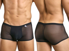Malebasics mbl84 classic pouch trunks in black sheer mesh with solid black waistband and trim briefs front view
