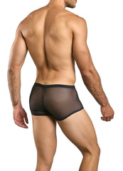 Black sheer mesh briefs with a solid black waistband from malebasics mbl84 classic pouch trunks collection