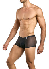 Malebasics mbl84 classic pouch trunks in black featuring sheer mesh briefs with a solid black waistband