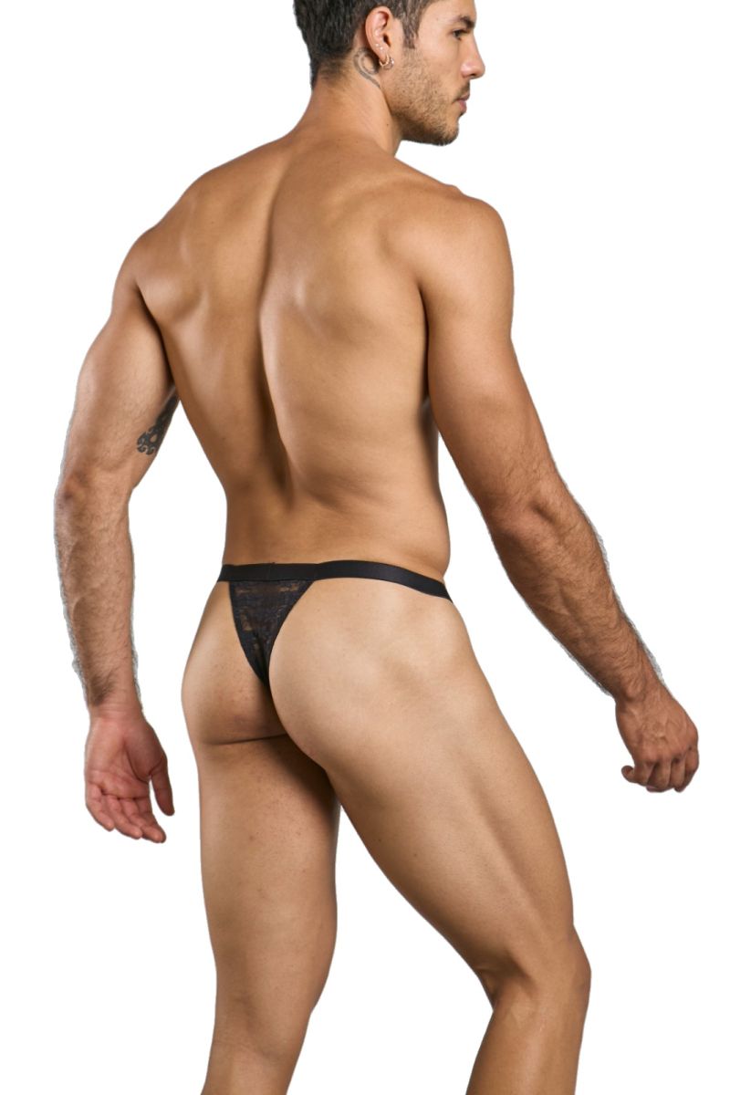 Malebasics mbl85 y sexy thong in black lace with a solid black waistband showing the front side of the product