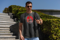Dark gray short-sleeved t-shirt with a circular graphic of a man on a motorcycle against a red background