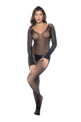 Mapale 1131 Long Sleeve Fishnet Bodystocking Color Black-Rhinestone