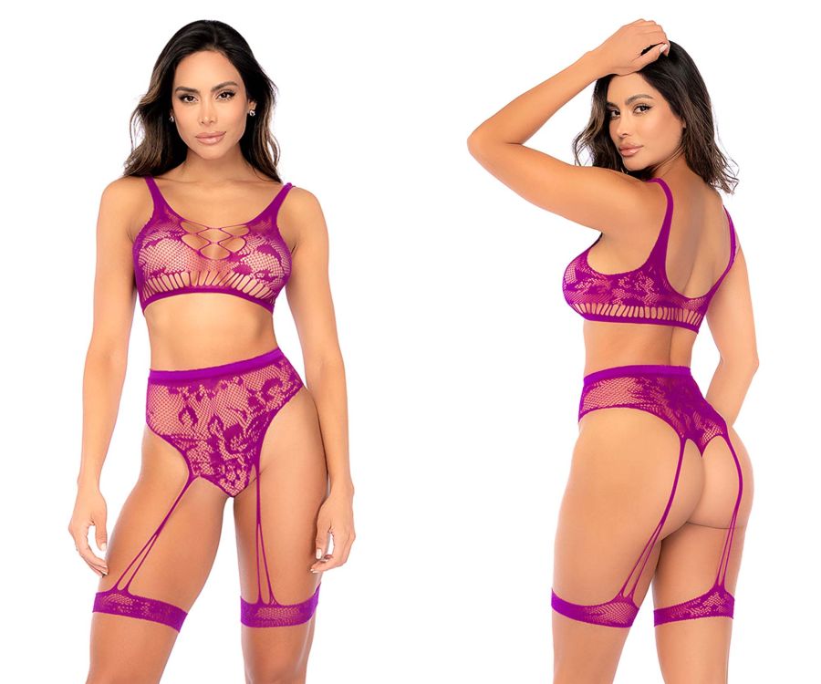 Mapale 1159 Floral Fishnet Two Piece Set Color Pink Orchid
