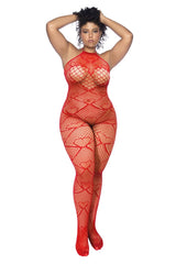 Mapale 1164X Heart Fishnet Bodystocking with Rhinestone Detail Color Red
