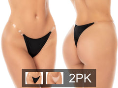 Mapale 2-pack black and nude thongs with clear straps, shown front and back.