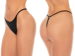 Front and back views of a black thong with thin side straps and a small back ring connector.