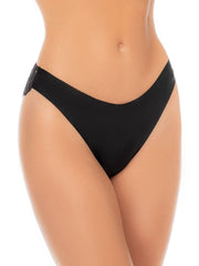 Black no-show thong with a smooth front and lace side details worn on a person.