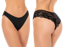Front and back views of a black thong with solid front and sheer floral lace back.