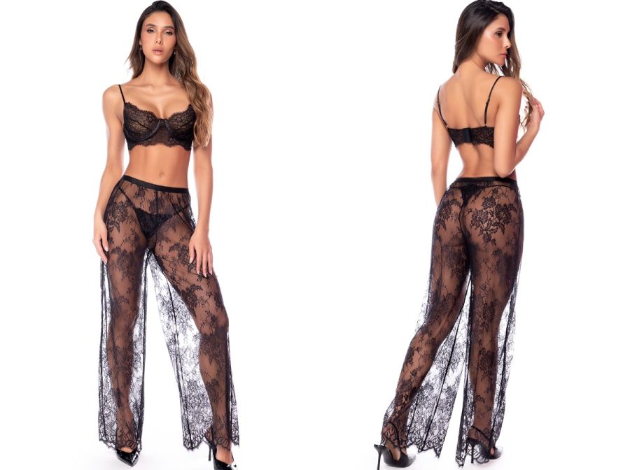 Front and back views of a black three-piece lingerie set featuring a lace bra, thong, and sheer wide-leg pants.