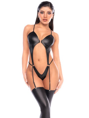 Black wet look cut-out bodysuit with garters and thigh-high stockings.