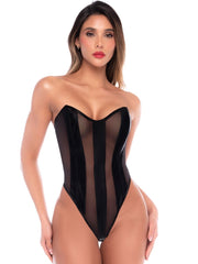 Black strapless bodysuit featuring sheer mesh panels alternating with glossy opaque vertical stripes.