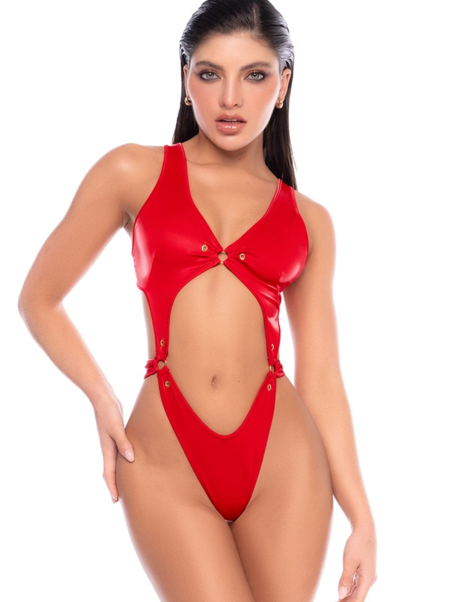 Liquid red cutout bodysuit with O-ring details and high-cut sides.
