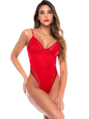 Liquid red high-cut bodysuit with underwire cups, thin straps, and sheer side mesh panels.