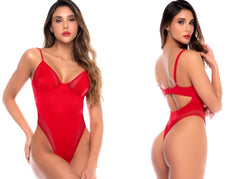 Front and back views of a woman wearing a red high-cut bodysuit with mesh side panels and underwire cups.