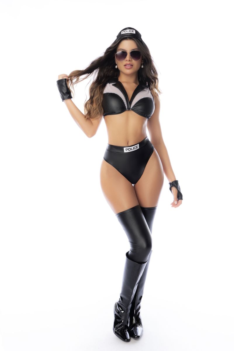 Black faux leather police officer costume with shiny high boots and matching gloves from mapale 60075 color as shown
