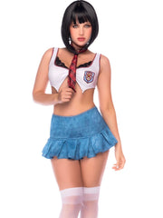 Model wearing a white crop top with school crest, blue pleated miniskirt, and red plaid tie.