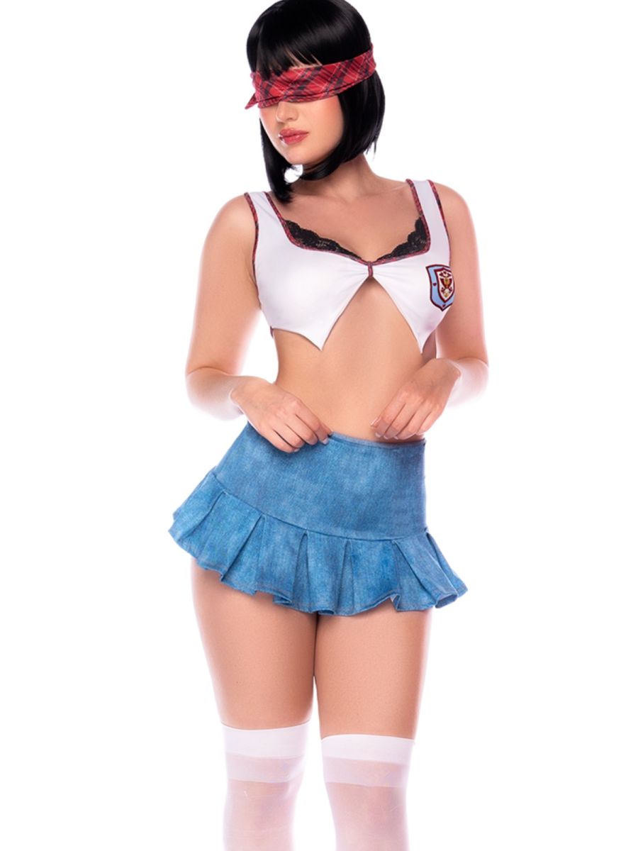White cropped top with black lace trim and crest, blue denim miniskirt, white thigh-highs, and plaid blindfold.