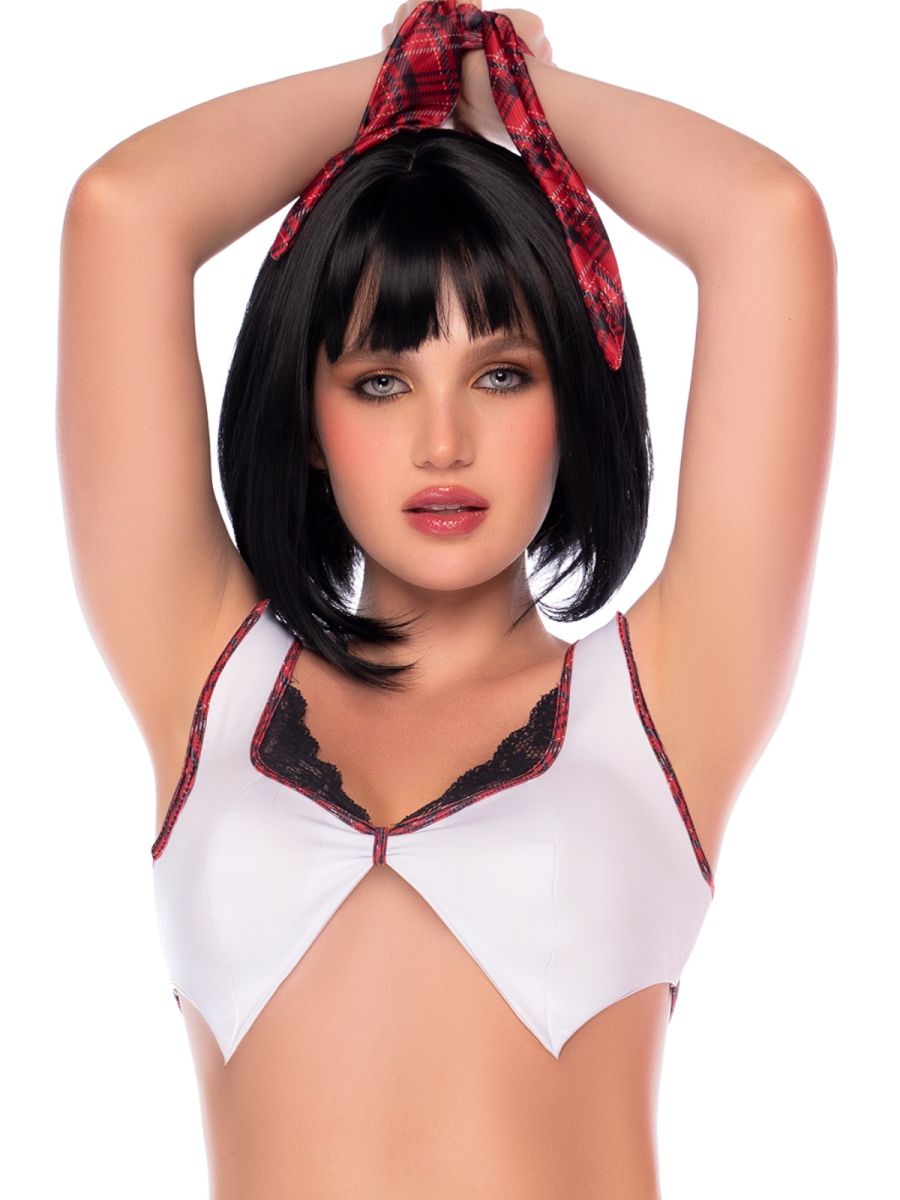 A white crop top with black lace trim, red plaid piping, and a matching red plaid hair tie.