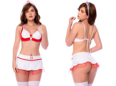 Front and back views of a white and red nurse lingerie set with bra, mini skirt, and matching headband.