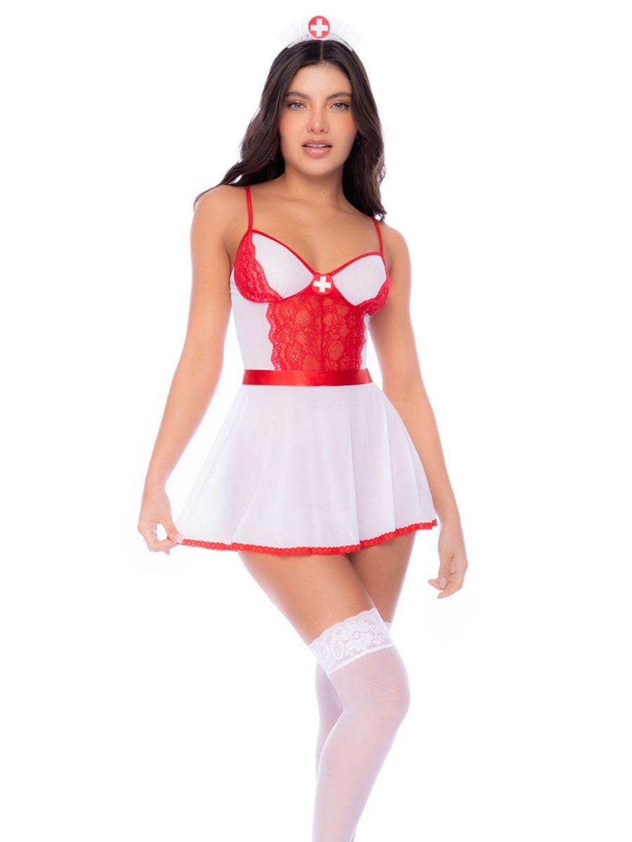 White and red nurse costume with lace bodice, flared skirt, matching stockings, and nurse cap.